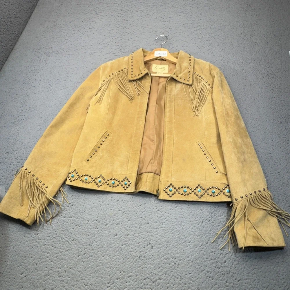 Scully Leather Fringe Jacket Womens XL Tan Suede Studded Turquoise Western Boho